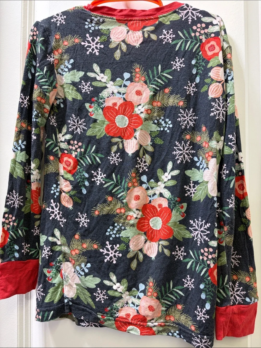 Little Sleepies Black Floral Snowflake Long Sleeve Pajama Top - Red Trim